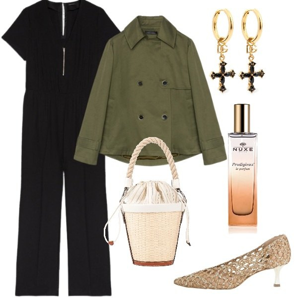 Outfit donna - Serata fuori. Stile Trendy per Serata fuori. Abbinamento con borse a secchiello, profumi, décolleté, tute, orecchini, trench.