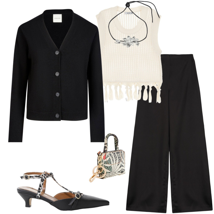 Outfit donna - Chic in ufficio. Stile Casual chic per Ufficio. Abbinamento con décolleté, collane, maglieria, cardigans, portachiavi, pantaloni a palazzo.