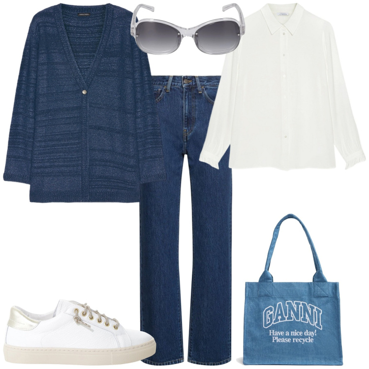 Outfit donna - Total look #2094226. Stile Sporty chic per Tutti i giorni. Abbinamento con sneakers, camicie, cardigans, occhiali da sole, shopping bag, jeans dritti.