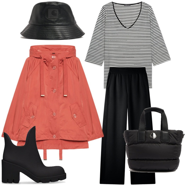 Outfit donna - Pioggia primaverile. Stile Casual per Tutti i giorni. Abbinamento con pantaloni, t-shirt, parka, cappelli, stivaletti, borse tote.