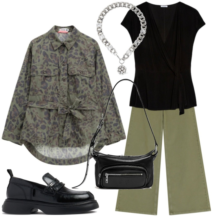 Outfit donna - Urban chic. Stile Urban per Tutti i giorni. Abbinamento con blazer, pantaloni, bluse, collane, mocassini, borse a spalla.