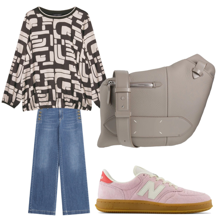 Outfit donna - Aperitivo. Stile Trendy per Tutti i giorni. Abbinamento con borse a tracolla, sneakers, jeans a zampa, t-shirt.