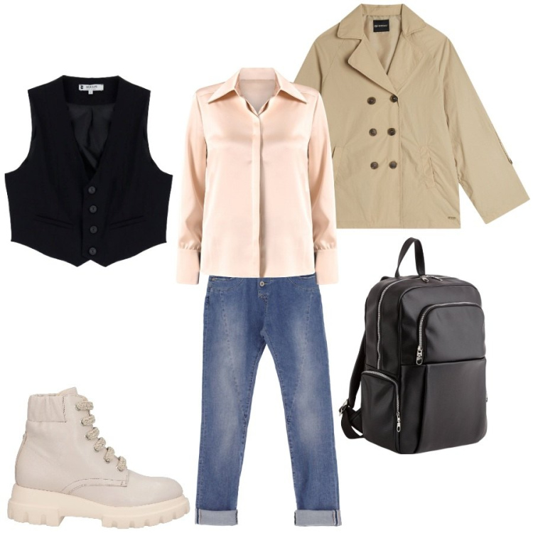 Outfit donna - inizio Primavera con il trench. Stile Casual chic per Tutti i giorni. Abbinamento con stivaletti, camicie, jeans slim fit, gilet, trench, zaini.