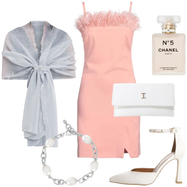 Outfit donna - Evento glamour. Stile Glamour per Serata fuori. Abbinamento con vestiti corti, profumi, braccialetti, stole, borse a tracolla, décolleté.