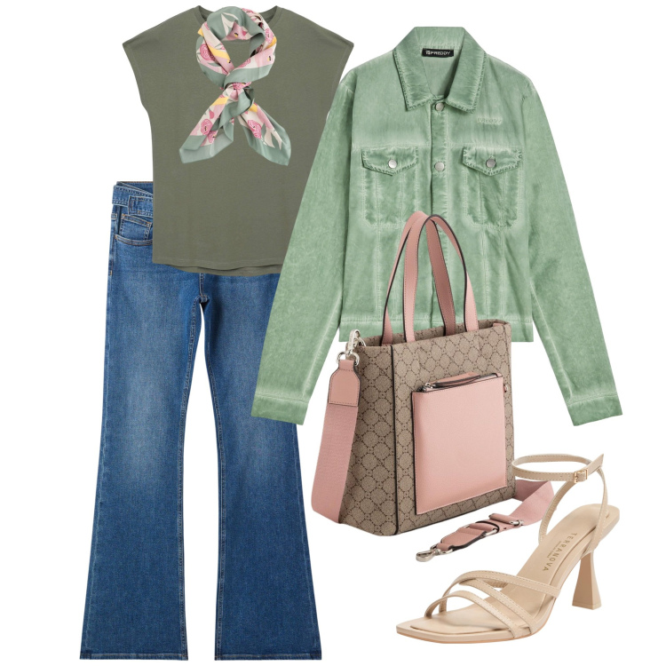 Outfit donna - Soft green jeans. Stile Casual per Tutti i giorni. Abbinamento con jeans a zampa, t-shirt, sandali col tacco, blazer, borse a mano, foulard.