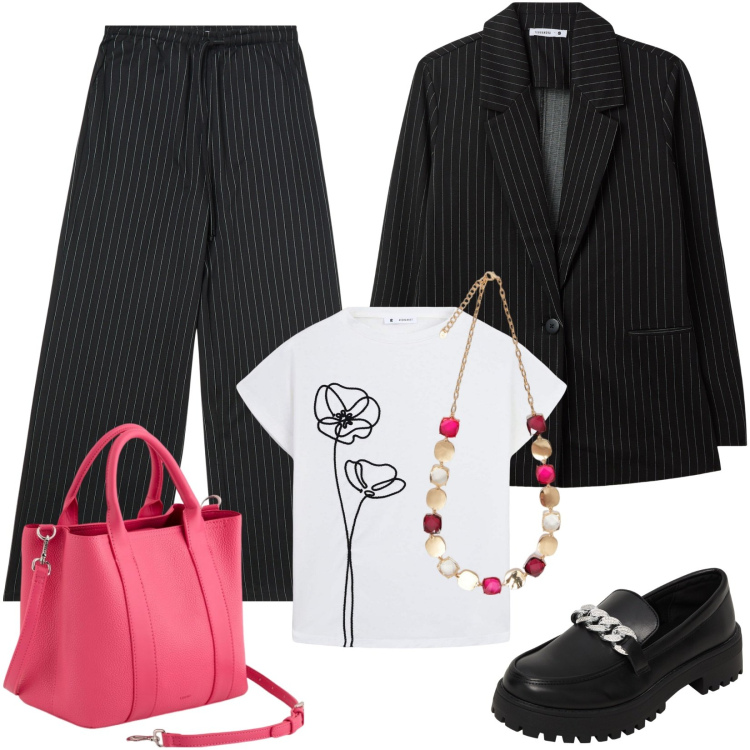 Outfit donna - Completo gessato per l\'ufficio. Stile Mannish per Ufficio. Abbinamento con mocassini, pantaloni, blazer, t-shirt, collane, borse a mano.