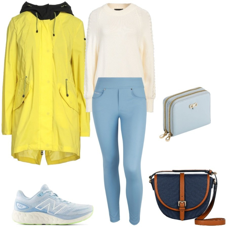 Outfit donna - Pioggia di primavera. Stile Basic per Scuola/Università. Abbinamento con trench, pullovers, sneakers, borse a tracolla, pantaloni skinny, portafogli.