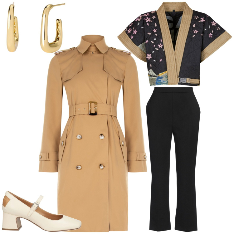 Outfit donna - April. per Tutti i giorni. Abbinamento con décolleté, pantaloni, orecchini, trench, kimono.
