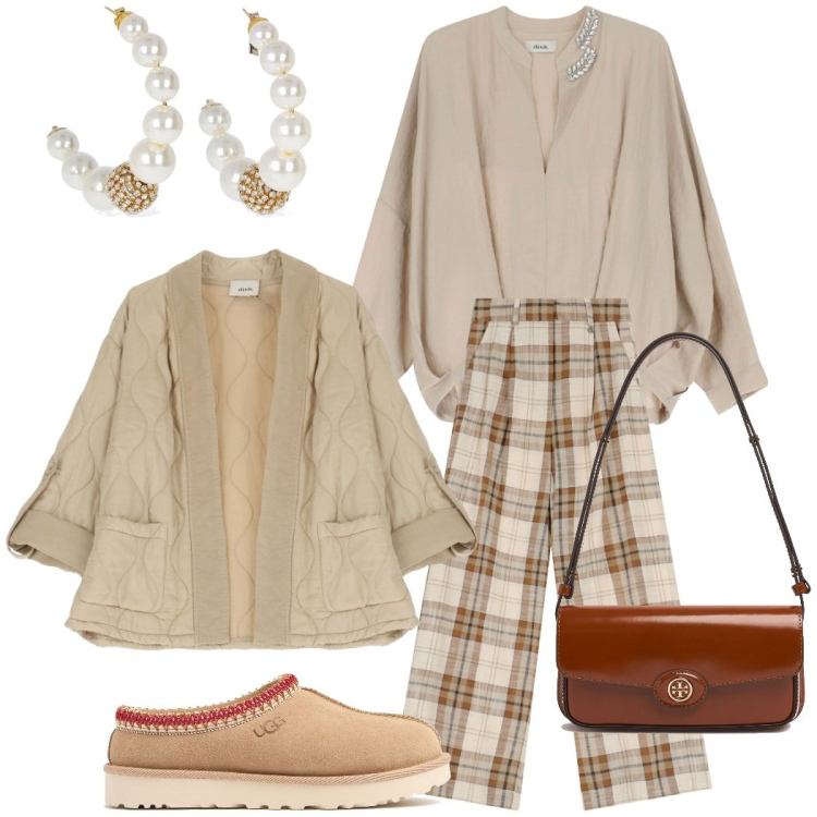 Outfit donna - Colori e tessuti morbidi. Stile Casual chic per Tutti i giorni. Abbinamento con pantaloni, giacche, camicie, orecchini, borse a spalla, mocassini.