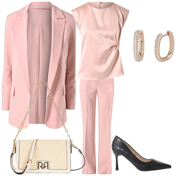Outfit donna - Pensare Pink. Stile Chic per Serata fuori. Abbinamento con orecchini, top, blazer, pantaloni, borse a tracolla, décolleté.