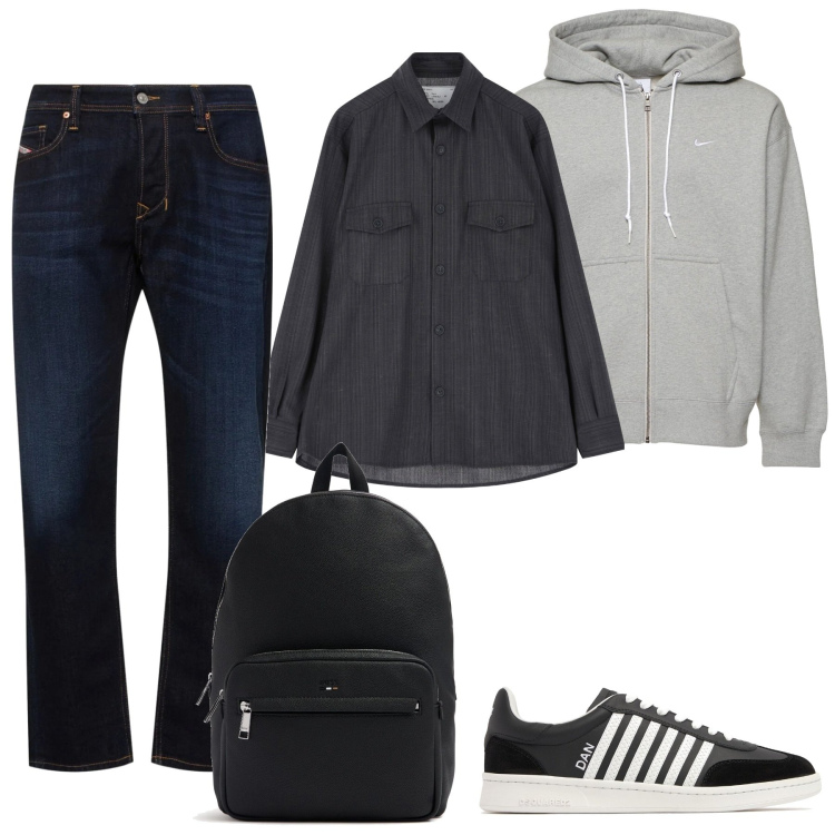 Outfit uomo - Lo zainetto nero. Stile Casual per Tutti i giorni. Abbinamento con camicie, borse sportive, felpe con cappuccio, jeans dritti, sneakers.