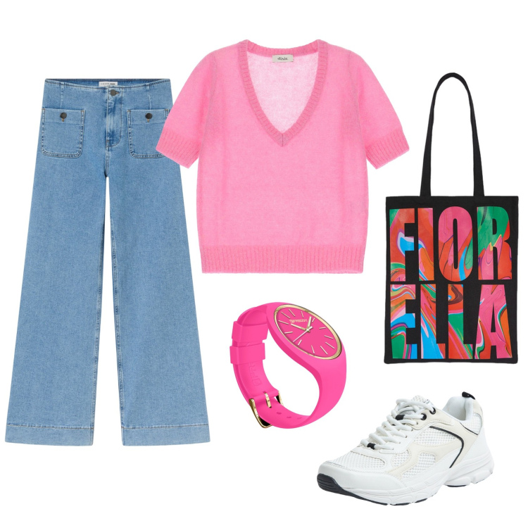 Outfit donna - Rosa e jeans. Stile Casual per Tutti i giorni. Abbinamento con jeans, sneakers, orologi, maglieria, borse tote.