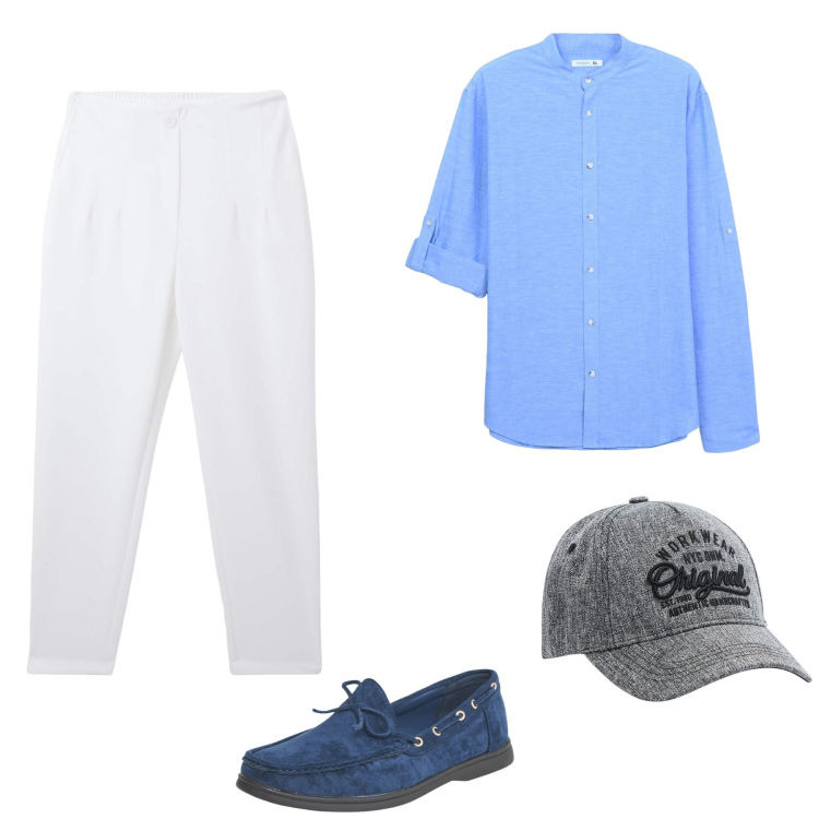 Outfit uomo - Mocassini blu. Stile Trendy per Mare. Abbinamento con scarpe stringate, camicie, pantaloni chino, cappelli.