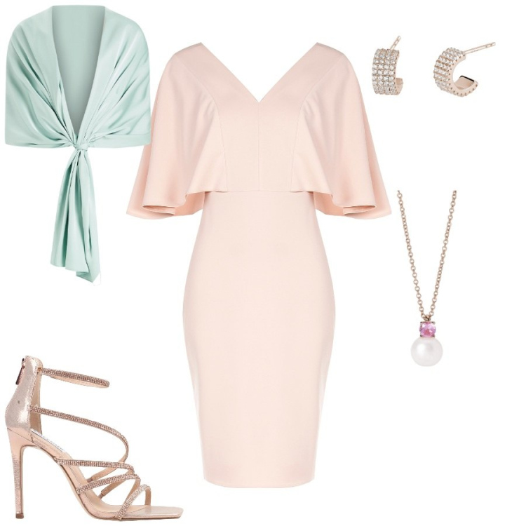 Outfit donna - Eleganza in rosa. Stile Romantica per Cerimonia. Abbinamento con sandali col tacco, vestiti a tubino, stole, orecchini, collane.