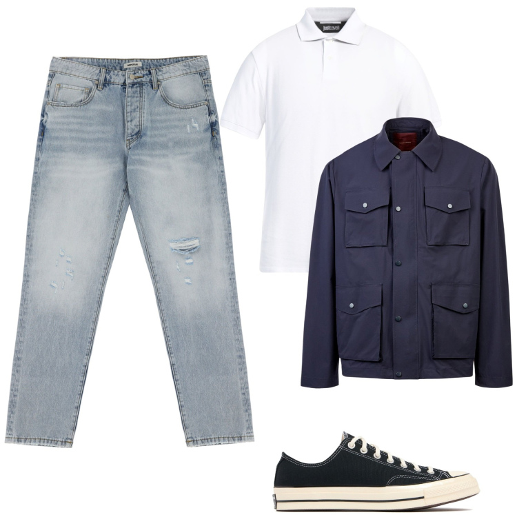 Outfit uomo - Trendy un po\' Nerd. Stile Trendy per Tutti i giorni. Abbinamento con polo, jeans strappati, giacche, sneakers.