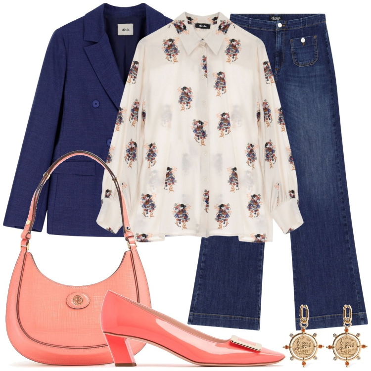 Outfit donna - Blu in primavera. Stile Bon Ton per Ufficio. Abbinamento con jeans a zampa, camicie, blazer, orecchini, borse a spalla, décolleté.