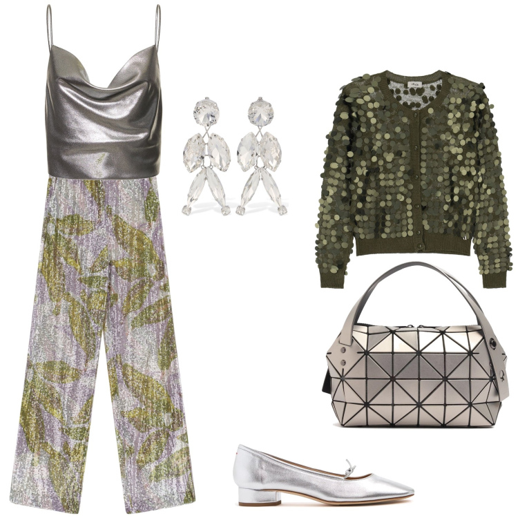 Outfit donna - Paillettes per brillare. Stile Chic per Serata fuori. Abbinamento con pantaloni a palazzo, cardigans, top, scarpe col tacco, borse a mano, orecchini.