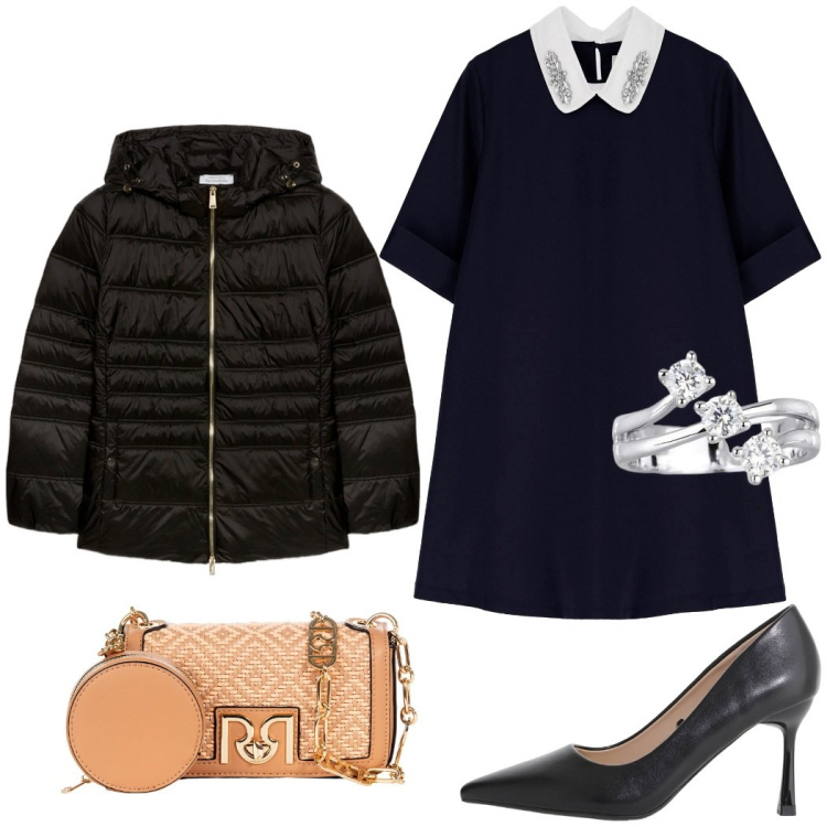 Outfit donna - Total look #2094290. Stile Bon Ton per Serata fuori. Abbinamento con anelli, borse a tracolla, décolleté, vestiti corti, piumini.