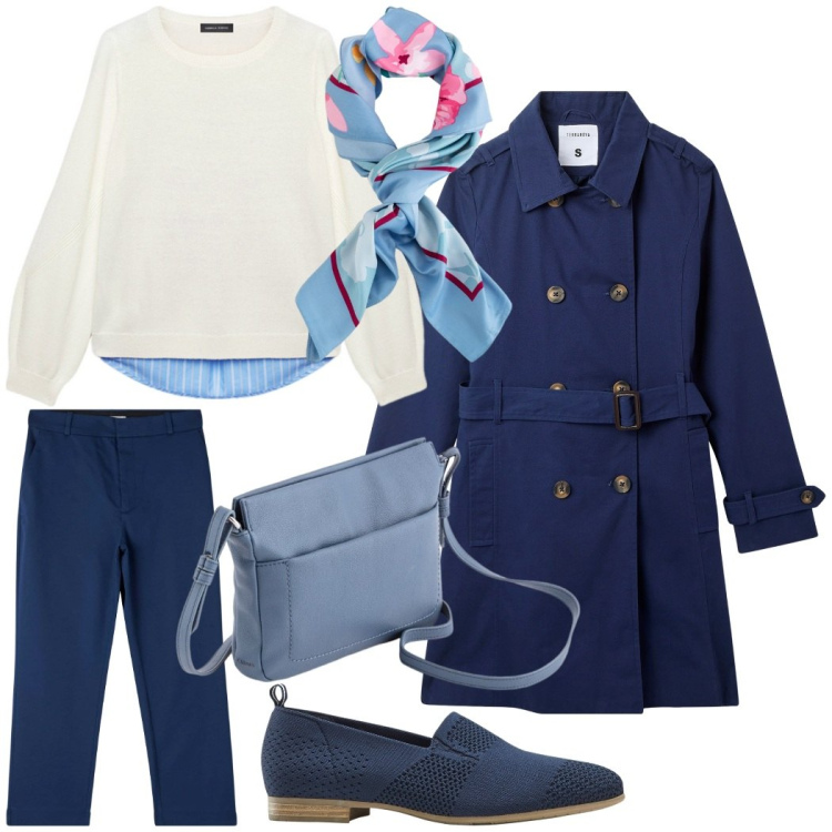 Outfit donna - Urban style. Stile Casual chic per Tutti i giorni. Abbinamento con mocassini, pantaloni chino, trench, maglieria, foulard, borse a tracolla.