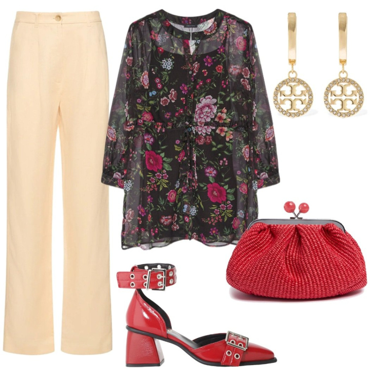 Outfit donna - Serata Romantica. Stile Romantica per Serata fuori. Abbinamento con décolleté, camicie, orecchini, pantaloni, pochette.