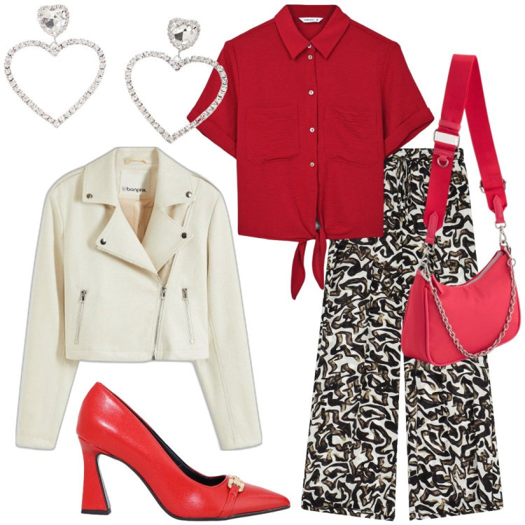 Outfit donna - Total look #2094294. Stile Casual chic per Tutti i giorni. Abbinamento con blazer, camicie a manica corta, pantaloni a palazzo, décolleté, orecchini, borse a tracolla.