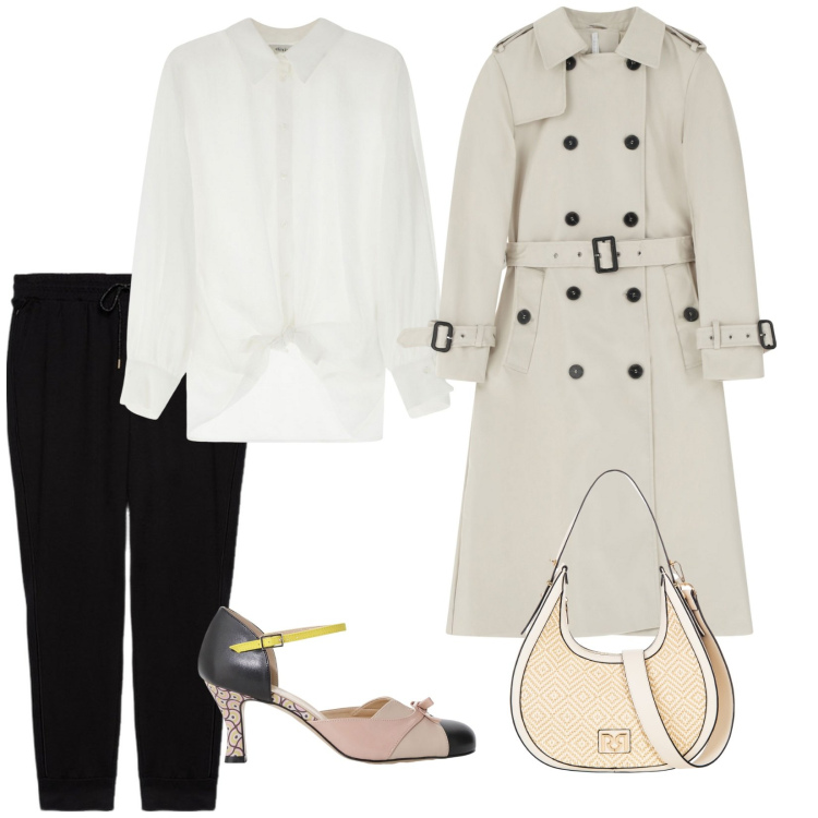 Outfit donna - Trench un classico. Stile Casual chic per Tutti i giorni. Abbinamento con borse a mano, trench, camicie, décolleté, pantaloni.