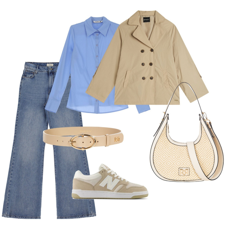 Outfit donna - Trench. Stile Casual per Tutti i giorni. Abbinamento con camicie, sneakers, cinture, borse a mano, trench, jeans.