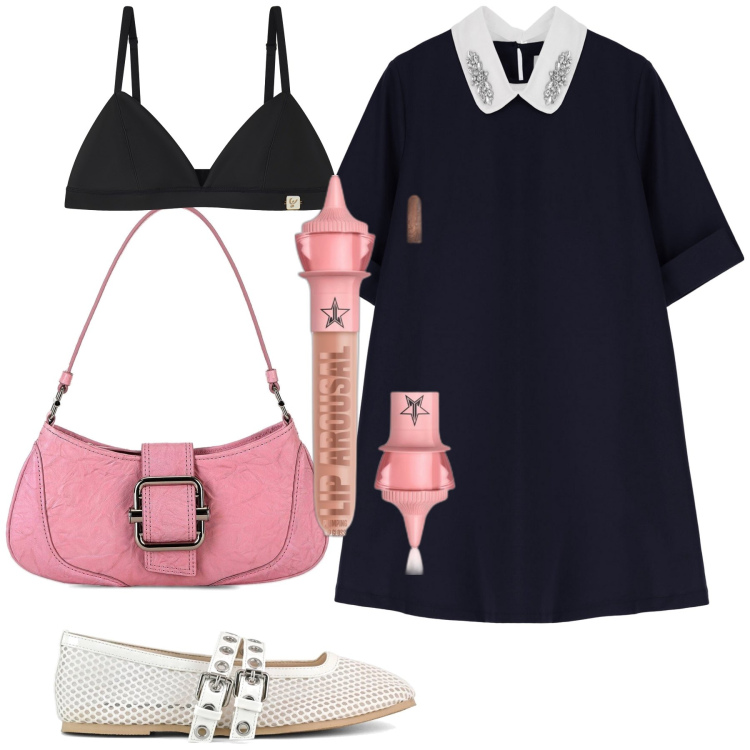 Outfit donna - Nero rosa e bianco. Stile Trendy per Tutti i giorni. Abbinamento con gloss, reggiseni, vestiti corti, ballerine, borse a spalla.