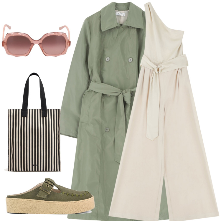 Outfit donna - Tuta panna. Stile Casual chic per Tutti i giorni. Abbinamento con trench, tute, sabot, occhiali da sole, shopping bag.