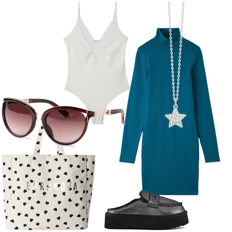 Outfit donna - In ufficio comodamente. Stile Urban per Ufficio. Abbinamento con occhiali da sole, vestiti, body, borse tote, collane, mocassini.