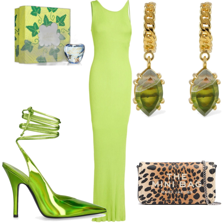 Outfit donna - Serata fluo. Stile Glamour per Serata fuori. Abbinamento con vestiti lunghi, profumi, orecchini, décolleté, pochette.