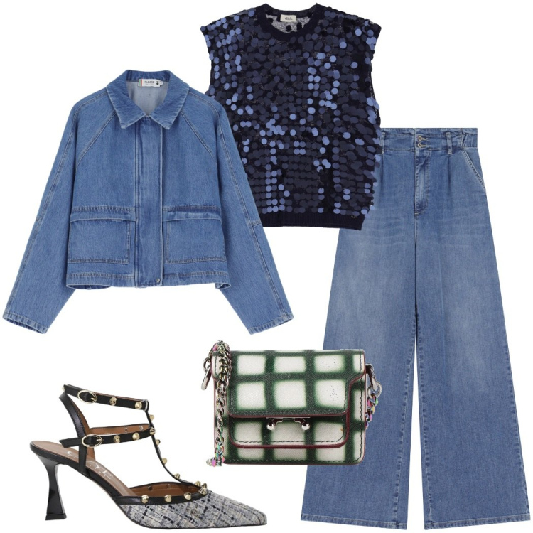 Outfit donna - In jeans. Stile Casual chic per Serata fuori. Abbinamento con borse a tracolla, jeans, blazer, décolleté, top.