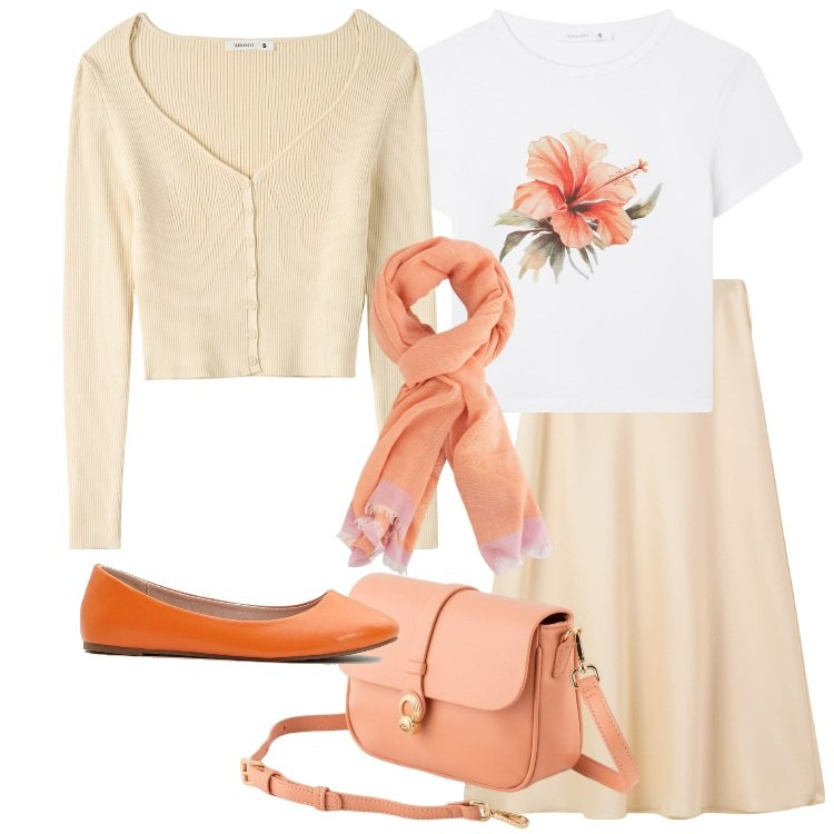 Outfit donna - Vaniglia e mandarino. Stile Romantica per Tutti i giorni. Abbinamento con ballerine, gonne lunghe, t-shirt, cardigans, borse a tracolla, portafogli.