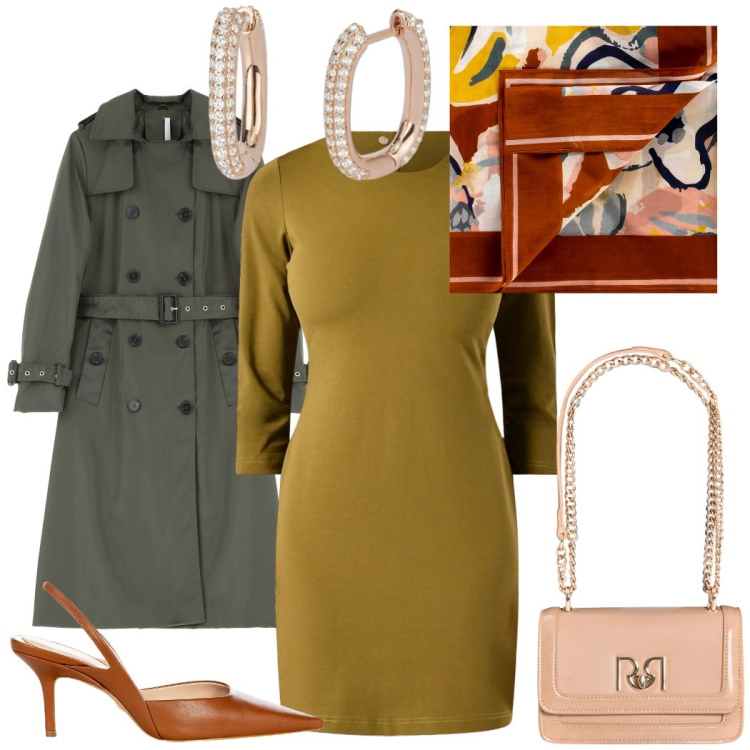 Outfit donna - Trench in primo piano. Stile Glamour per Serata fuori. Abbinamento con trench, orecchini, vestiti a tubino, décolleté, borse a tracolla, foulard.