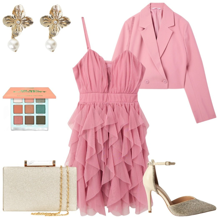 Outfit donna - Cerimonie in rosa. Stile Bon Ton per Cerimonia. Abbinamento con ombretti, blazer, décolleté, vestiti corti, clutch, orecchini.