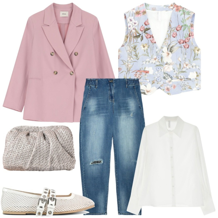 Outfit donna - Blazer rosa& denim. Stile Glamour per Serata fuori. Abbinamento con clutch, gilet, camicie, blazer, jeans dritti, ballerine.