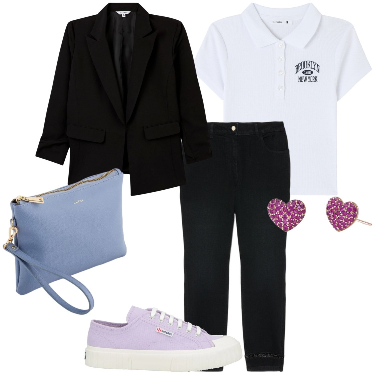 Outfit donna - In nero. per Scuola/Università. Abbinamento con sneakers, blazer, polo, orecchini, jeans skinny, pochette.