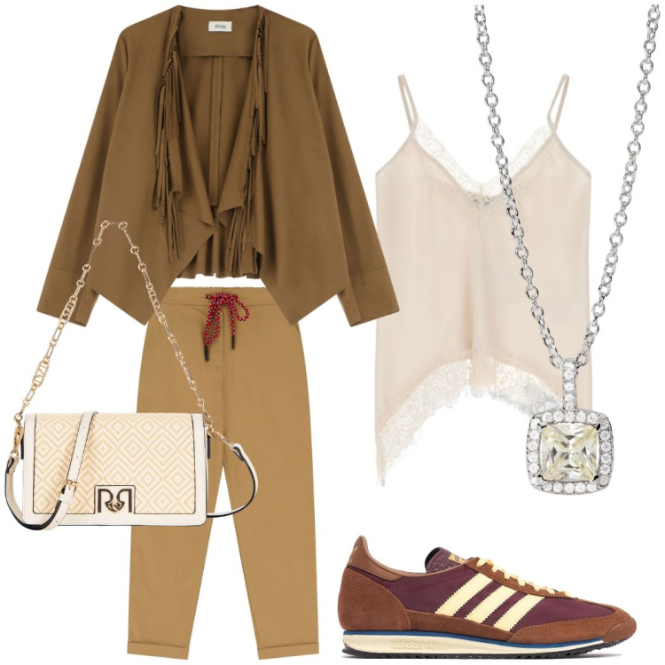 Outfit donna - Total look #2094366. Stile Casual chic per Tutti i giorni. Abbinamento con collane, borse a tracolla, pantaloni chino, blazer, top, sneakers.