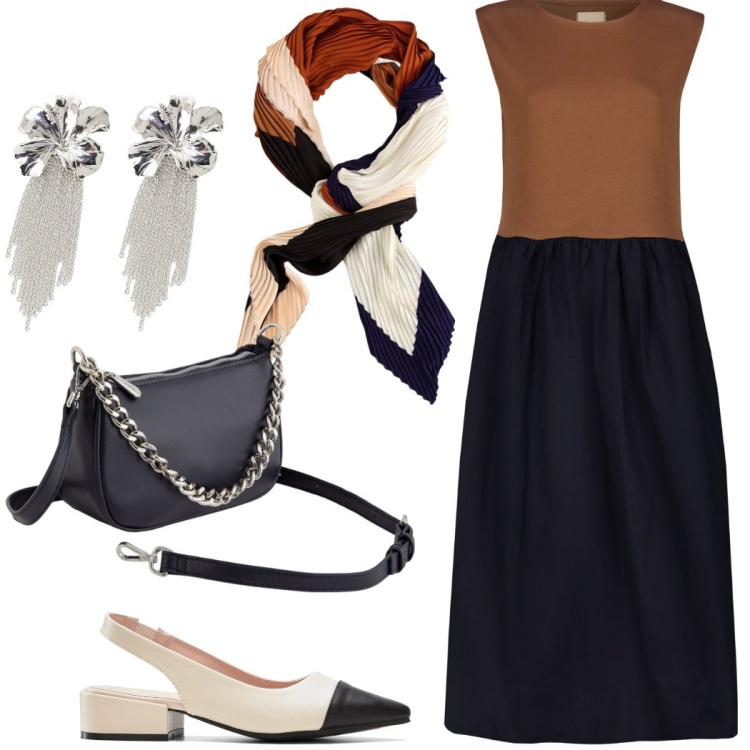 Outfit donna - Pranzo di lavoro. Stile Bon Ton per Ufficio. Abbinamento con décolleté, orecchini, vestiti midi/longuette, foulard, borse a tracolla.