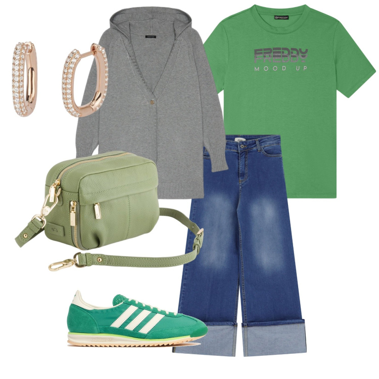 Outfit donna - Passeggiata in montagna. per Tutti i giorni. Abbinamento con orecchini, t-shirt, jeans dritti, cardigans, sneakers, borse a tracolla.