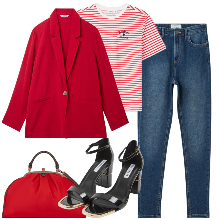 Outfit donna - Total look #2094377. Stile Casual chic per Tutti i giorni. Abbinamento con blazer, t-shirt, sabot, jeans skinny, borse a spalla.