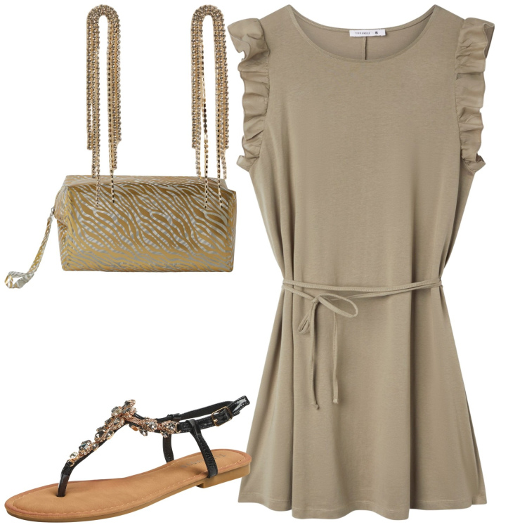 Outfit donna - Terranova. Stile Urban per Tutti i giorni. Abbinamento con vestiti, pochette, sandali gioiello, orecchini.