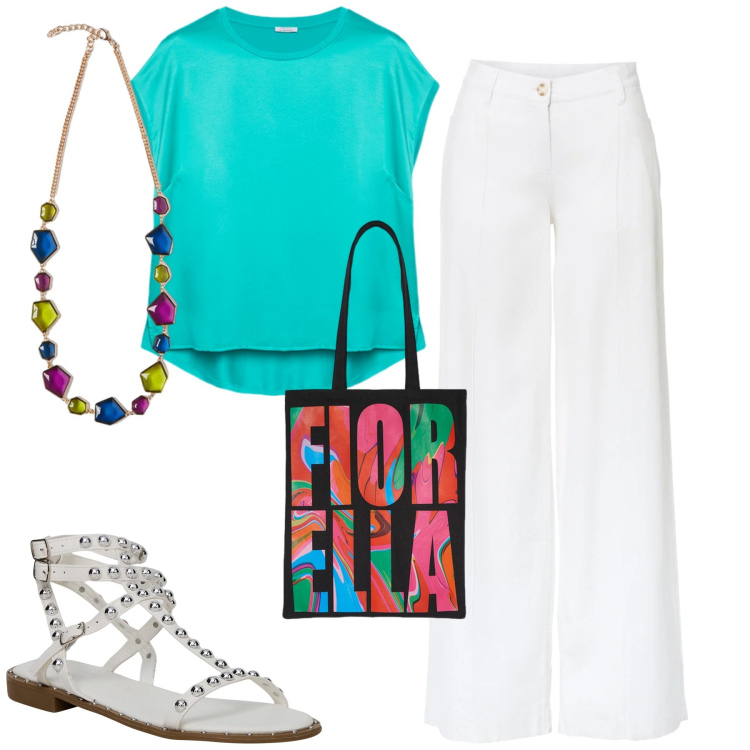 Outfit donna - Total look #2094386. Stile Urban per Tutti i giorni. Abbinamento con pantaloni a palazzo, sandali, borse tote, collane, bluse.
