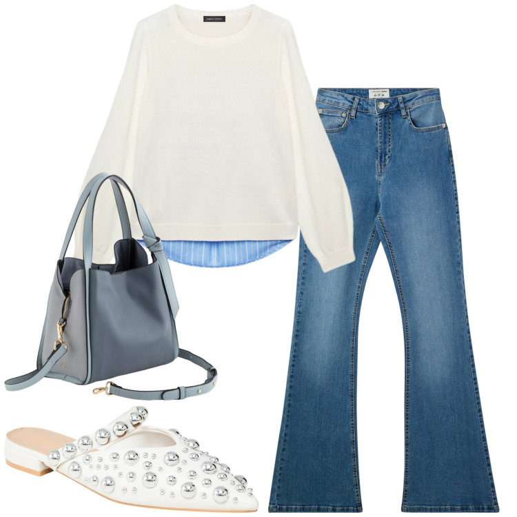 Outfit donna - Total look #2094389. Stile Urban per Tutti i giorni. Abbinamento con jeans a zampa, ballerine, maglieria, borse a mano.