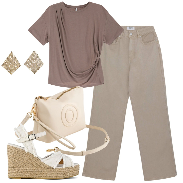 Outfit donna - City. Stile Urban per Tutti i giorni. Abbinamento con orecchini, pantaloni, t-shirt, valigie, sandali col tacco.