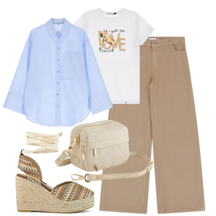 Outfit donna - City. Stile Urban per Tutti i giorni. Abbinamento con pantaloni, t-shirt, camicie, zeppe, borse a tracolla.