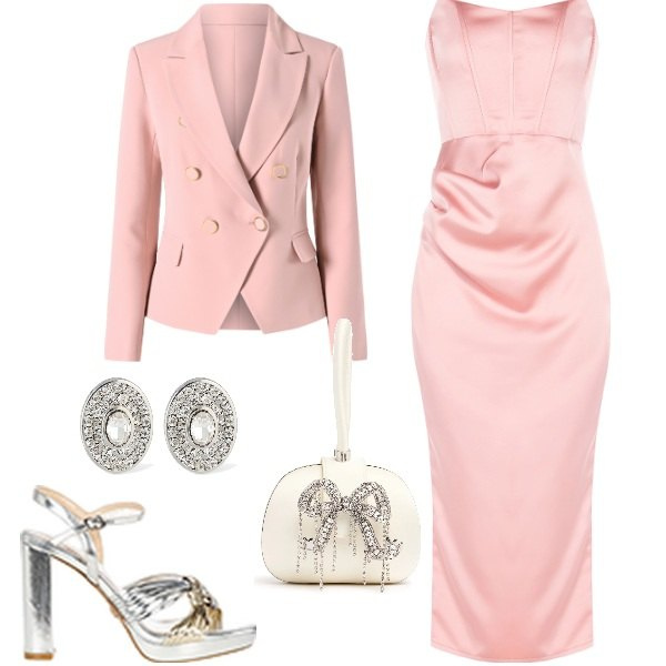 Outfit donna - Matrimonio con Rinascimento. Stile Chic per Cerimonia. Abbinamento con vestiti midi/longuette, sandali in pelle, blazer, pochette, orecchini.