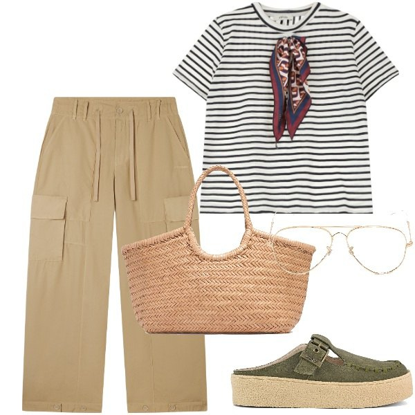 Outfit donna - Cargo must have di primavera. Stile Casual per Tutti i giorni. Abbinamento con pantaloni cargo, t-shirt, sabot, shopping bag, occhiali da sole.