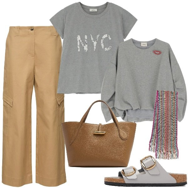 Outfit donna - Cargo must have di primavera. Stile Casual chic per Tutti i giorni. Abbinamento con t-shirt, felpe, shopping bag, pantaloni cargo, sciarpe, sandali.