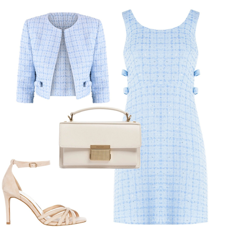 Outfit donna - Rinascimento. Stile Chic per Tutti i giorni. Abbinamento con sandali col tacco, vestiti corti, blazer, borse a mano.